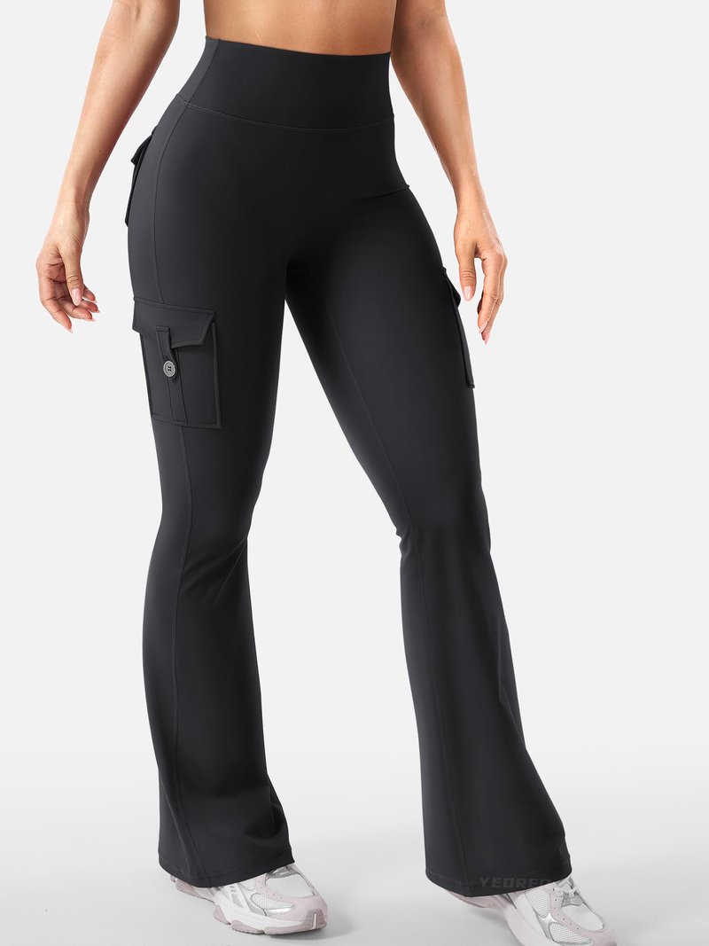 YEOREO CoreFlex Women Workout Flare Leggings with Pockets Hidden Scrunch High Waisted Cargo Gym Yoga Leggings Black XL