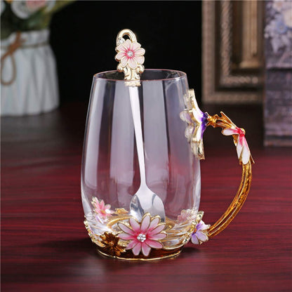 Luka Tech Enamel flower Lead-free Glass Coffee Mugs Tea Cup with Steel Spoon, Best Birthday Gifts For Women Wife Mom Friends Mothers Valentines Day Christmas