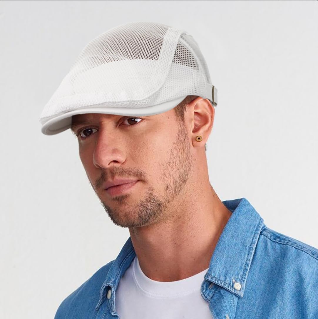 Taidor Men's Mesh Cap Breathable Summer Newsboy Hat Adjustable Beret Ivy Cap Irish Cabbie Driving Hunting Hats White