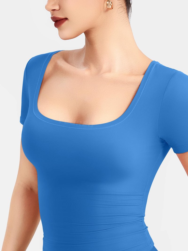 YEOREO Womens Tops Short Sleeve Going Out T Shirts Scoop Neck Slim Fit Double Lined Pattiy Crop Tops Sea Blue M