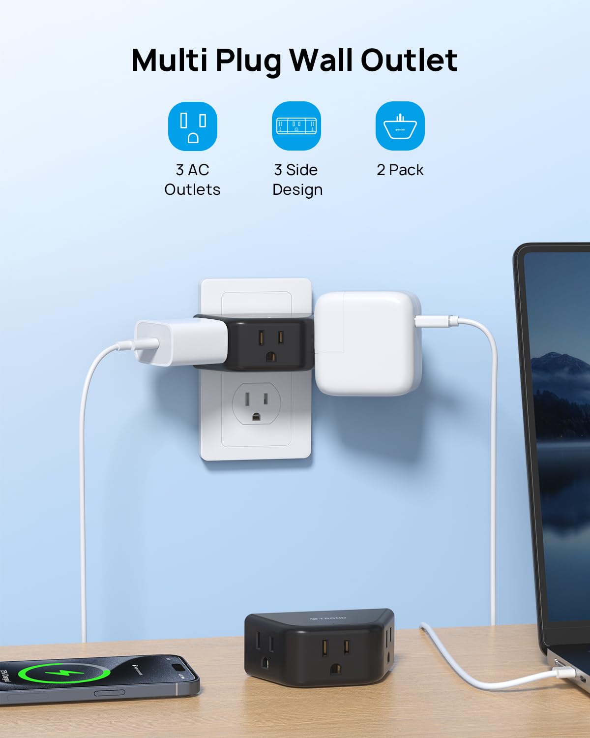 TROND Multi Plug Outlet Extender 2 Pack - Electrical Wall Splitter, 3 Way Angled Wall Outlet Adapter, Cruise Essentials, Small Multiple Plug Expander for Cruise Ship Home Office Dorm Room, White