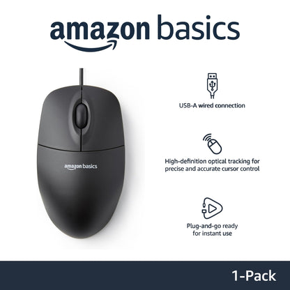Amazon Basics 3-Button USB Wired Mouse with Scrolling and Tracking - Standard, Black
