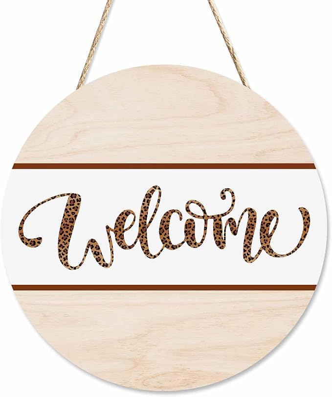Welcome Wreath Sign Leopard Print 12 Inch Farmhouse Front Porch Decor Door Hanging Hanging Door Wall Sign