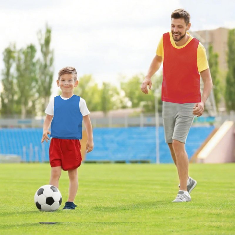 12 Pack Pinnies Team Practice Vests for Child Youth Teen Adult, Mesh Scrimmage Jersey for Soccer Football Basketball (6 X Red + 6 X Blue, Child/5-10 Years Old)
