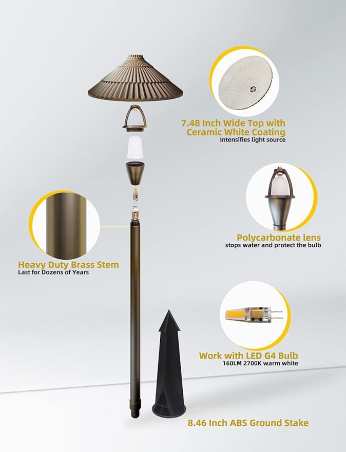 COLOER 12V Brass Outdoor Low Voltage Pathway Lights for Outside(Bronze,23" Tall, 7.5" Shade) with 2W 2700K G4 LED Bulb(604B)