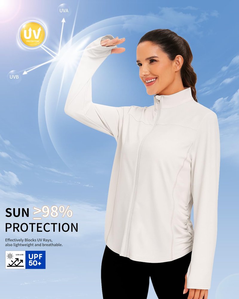 Vldnery Women's UPF 50+ Sun Protection Lightweight Jacket Zip Up Long Sleeve Sun Shirt for Women with Thumb Hole Hiking (White Large)