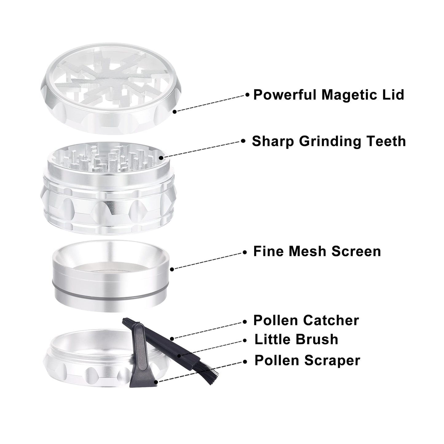 TIRIRS 2.5" 4 Pieces Clear Top Herb Grinder - Aluminium Spice Grinder with Pollen Scraper and Cleaning Brush - Silver.