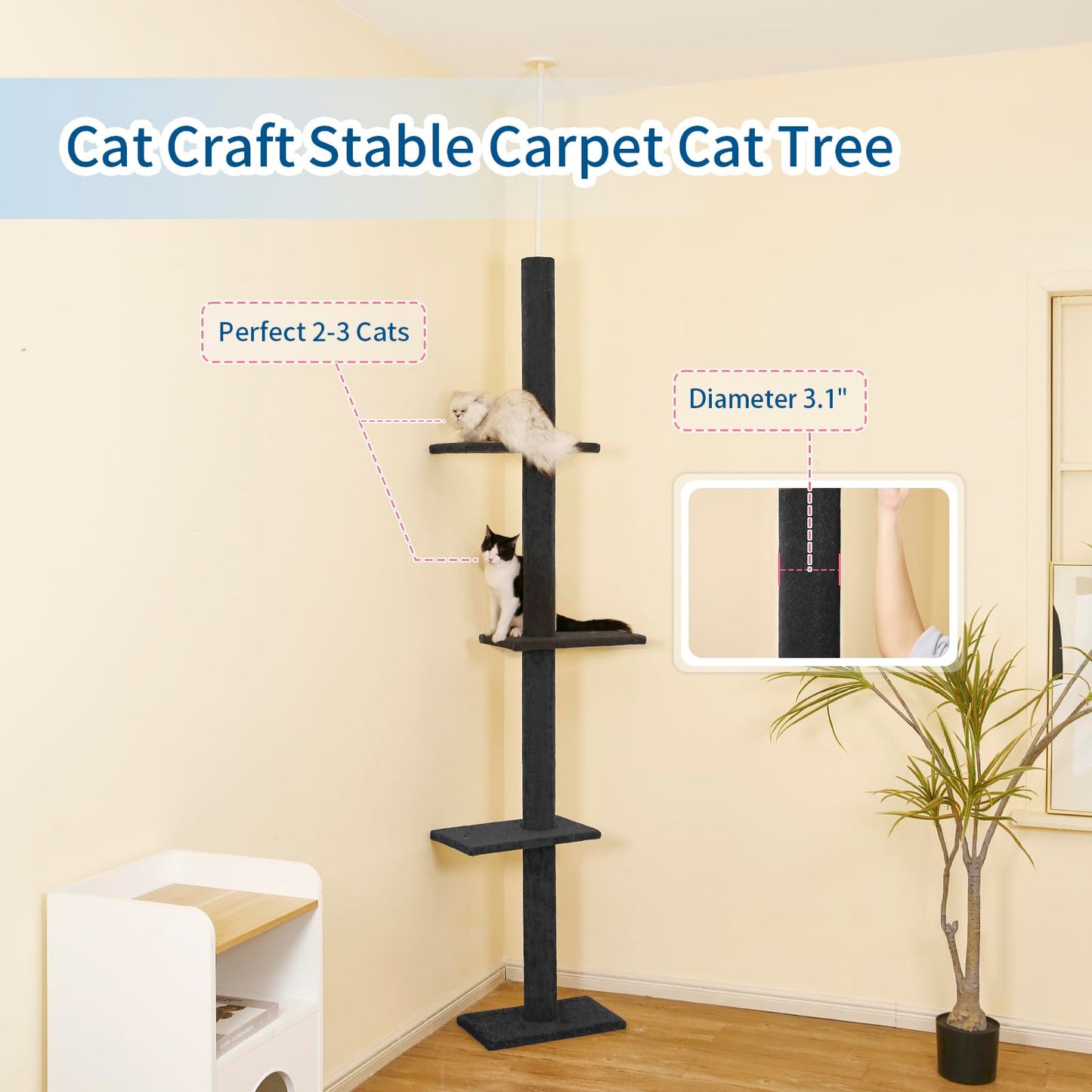Cat Craft Cat Tree Floor to Ceiling 95-108" Tall Cat Tree Carpet Cat Tower Kitten Tree Sisal Scratching Post and Mat Cat Pole for Indoor Cats, Charcoal, Style A