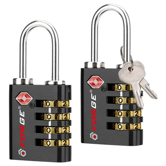 Forge Dual-Opening: Key or Combination Access Lock, TSA Approved Locks for Luggage, Pelican case, Travel, Gym, School, Stainless Steel Shackle. (Black 2 Pk)