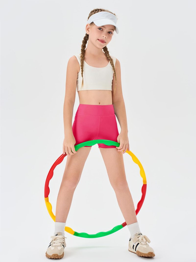 Haloumoning Girls Athletic Shorts Kids High Waisted Yoga Dance Biker Shorts Comfy Gymnastics Shorts 5-14Y Rose Red