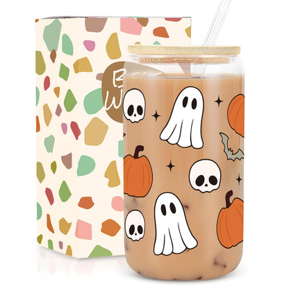 UAREHIBY Halloween Ghost Pumpkin Skull Fall Cup, 18oz Pumpkins Fall Mug, Iced Coffee Glass Tumbler with Lids and Straws, Spooky Glass Cup, Goth Spooky Gifts, Halloween Gifts for Women Kids Teens Adult