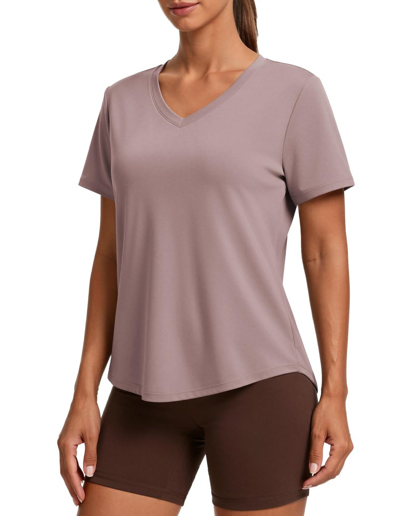 PINSPARK UV Protection Shirts for Women Short Sleeve V Neck UPF 50+ Sun Tops Moisture Wicking Hiking Running Athletic T-Shirts,Warm Tan Small