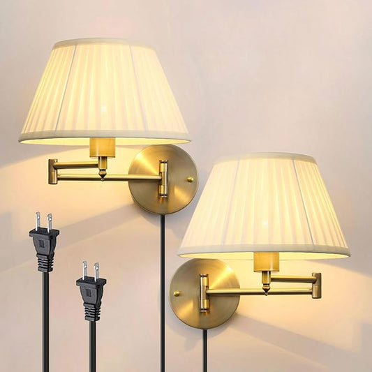 Indoor Wall Sconce Set of Two Swing Arm Wall Lamp Plug in Bronze Wall Light Fixtures with Beige Fabric Shade Bedside Lights for Bedroom Hallway Study Room Living Room Reading Light