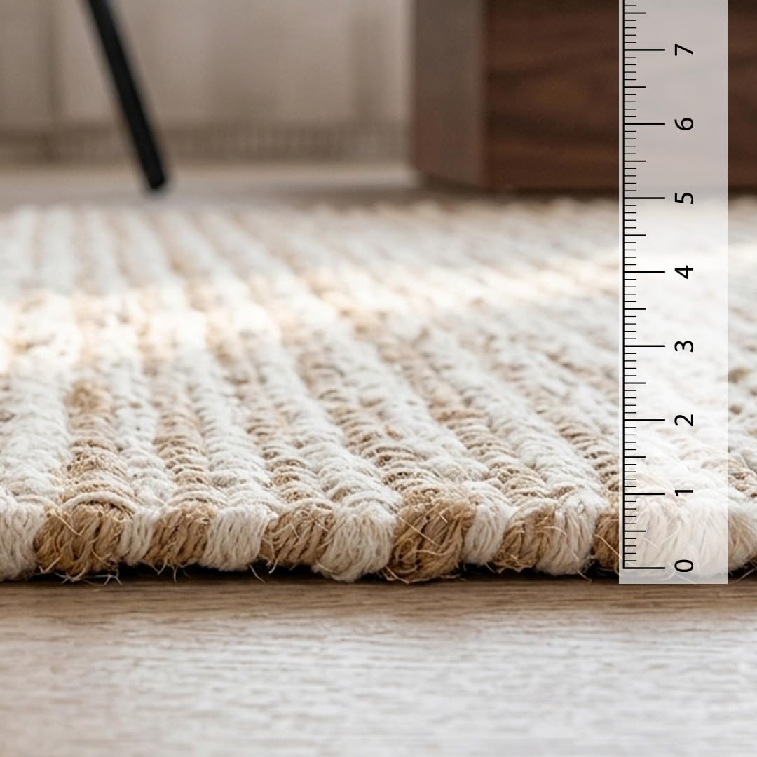 HOMEMONDE Jute Cotton Area Rug 8x10 ft Large Rectangle Hand Woven Natural Farmhouse Rugs for Living Room, Bedroom, Kitchen, High Traffic Area - Rustic Vintage Bohemian (Natural Offwhite)
