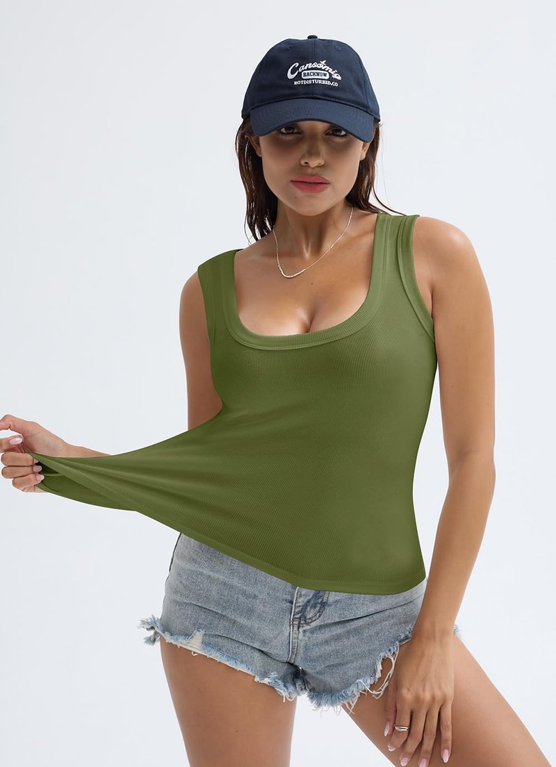 SVALIY Summer Womens Tank Tops 2025 Square Neck Fitted Sleeveless Shirts for Women Ribbed Basic Top Army Green