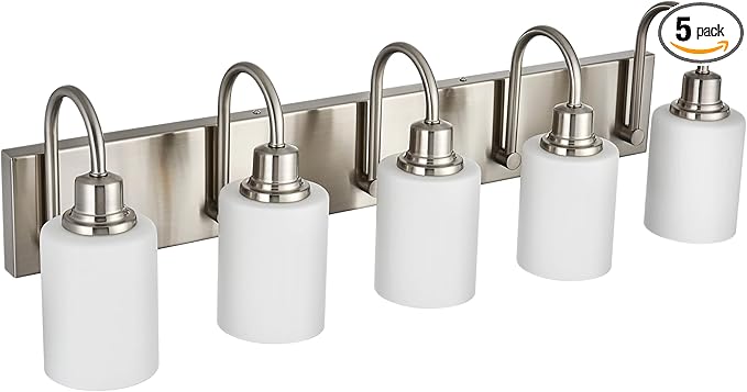 VINLUZ 5 Light Vanity Light,Brushed Nickel Bathroom Lighting Fixture Over Mirror with Opal White Glass Shade Modern Interior Wall Mounted Lights for Hallway Makeup Table