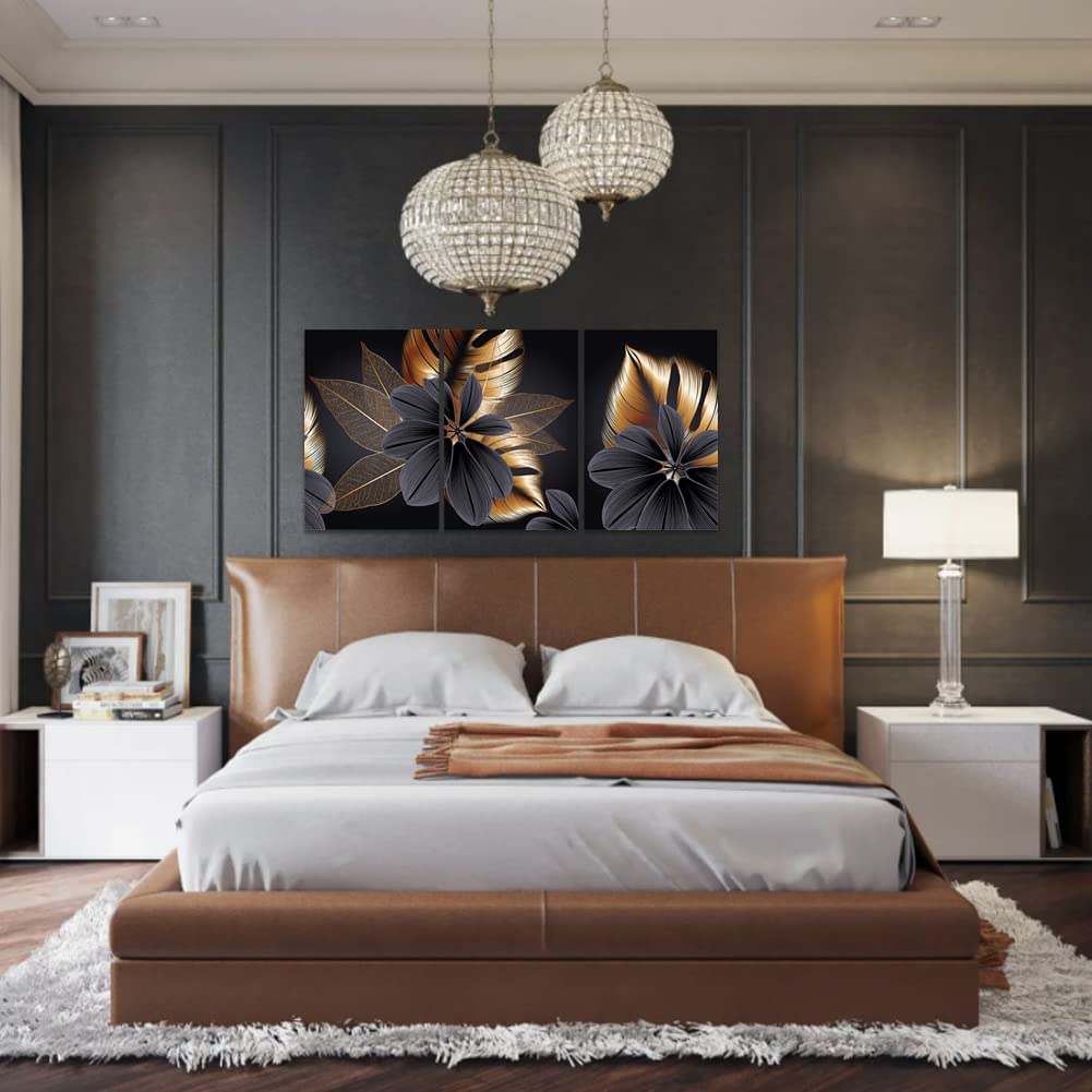 ConBlom Set of 3 Canvas Wall Art Painting - Modern Abstract Black Golden Leaf Plant Nordic Decorative Artwork for Bedroom Kitchen Living Room Home Decor (40 x 60cm- No Frame)