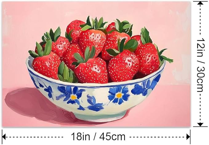 Yesad Strawberry Wall Art Print, Pink Kitchen Wall Décor Fruits Prints Canvas Wall Art Vintage Painting Pictures Modern Wall Décor for Living Room Dining Room Bedroom (Unframed,18”x12”, Strawberry)