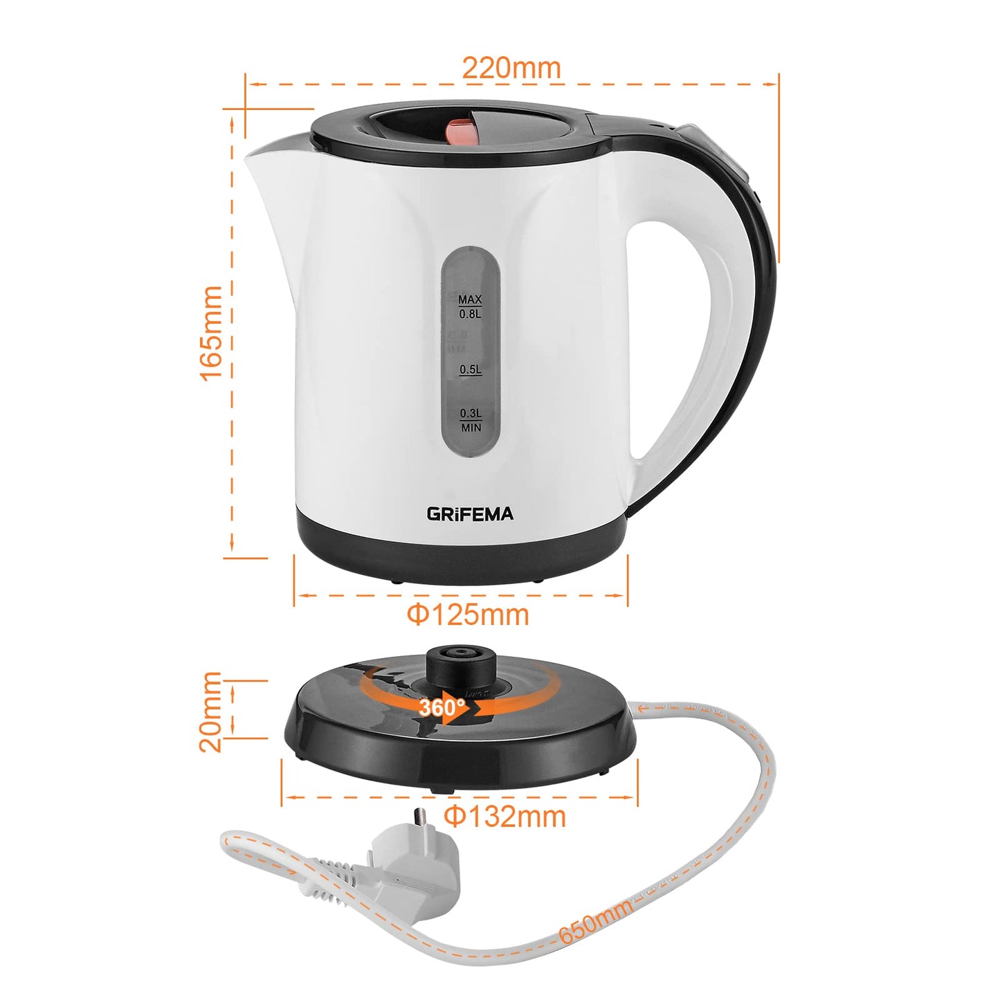 GRIFEMA Small Electric Tea Maker, 0.8 L, 1100 W - Quiet Kettle With Limescale Filter, BPA-Free, Automatic Shut-Off, Overheating Protection, White