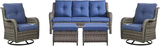 Rilyson Wicker Patio Furniture Set - 5 Piece Rattan Outdoor Sectional Conversation Sets with 2 Rocking Swivel Chairs,2 Ottomans and 1 Sofa for Porch Deck Garden(Mixed Grey/Blue)