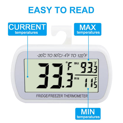 Waterproof Refrigerator Fridge Thermometer, Digital Freezer Room Thermometer, Max/Min Record Function Large LCD Screen and Magnetic Back for Kitchen, Home, Restaurants (2 Pack)