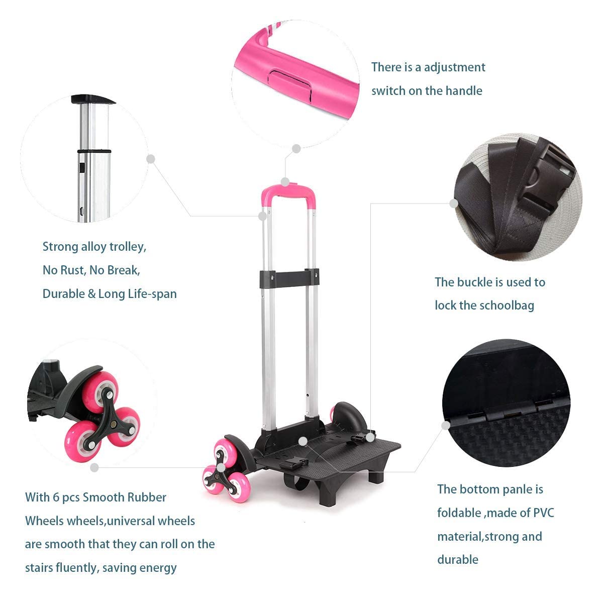 Backpack Trolley - Wheeled Trolley Hand Aluminium Alloy Folding Trolley Cart for Backpack (Pink, 2 Wheels)