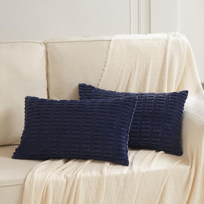 Fancy Homi Navy Blue Lumbar Decorative Throw Pillow Covers 12x20 Inch for Living Room Couch Bedroom, Soft Corduroy Rectangle Solid Cushion Case 30x50 cm, Rustic Farmhouse Boho Home Decor