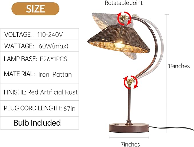 2 Pack Woven Rattan Bedside Table Lamp for Bedroom,Boho Plug in Handmade Rattan Shade&Anti-Rust Iron Base Desk Lamp,Plug & Play Vintage Dark Brown Nightstand Lamp for Living Room,Office【Bulb Included】