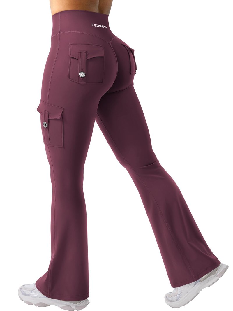 YEOREO CoreFlex Women Workout Flare Leggings with Pockets Hidden Scrunch High Waisted Cargo Gym Yoga No Front Seam Leggings Black Cherry L