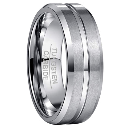 NUNCAD Men's Rings Silver 8mm Tungsten Wedding Ring for Men Simple Band Ring with Center Groove Beveled Edges Size U1/2