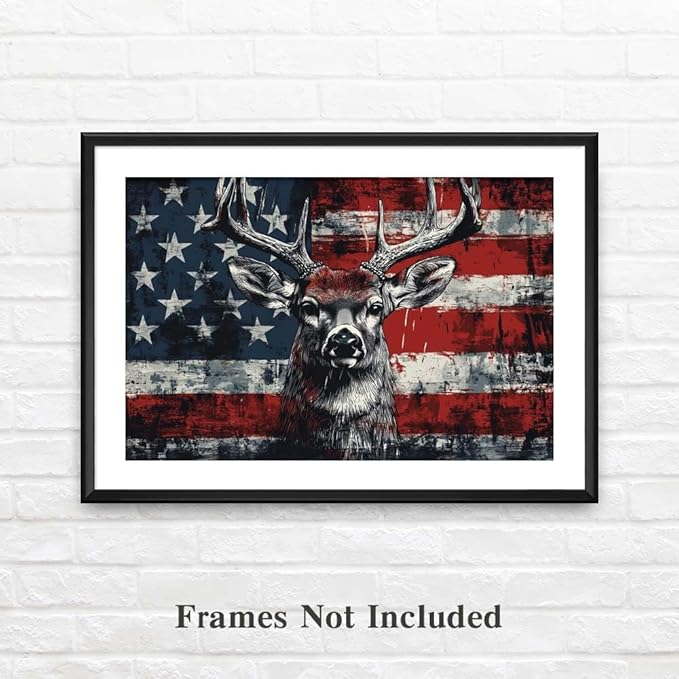 Yesad American Flag Deer Canvas Wall Art, Animal Head Rustic Wall Décor Christmas Paintings Pictures Nature Artwork Modern Poster for Farmhouse, Living Room, Bedroom, Office (Unframed,18”x12”,Deer1)
