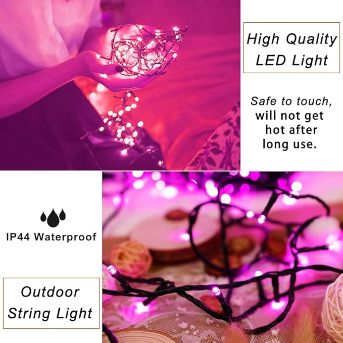 Pooqla Pink String Lights, 200 LED 66 ft Indoor and Outdoor Decorative LED Lights, 8 Modes Halloween Pink Fairy Light for Home Yard Patio Wedding Party Christmas Valentines Day Decoration