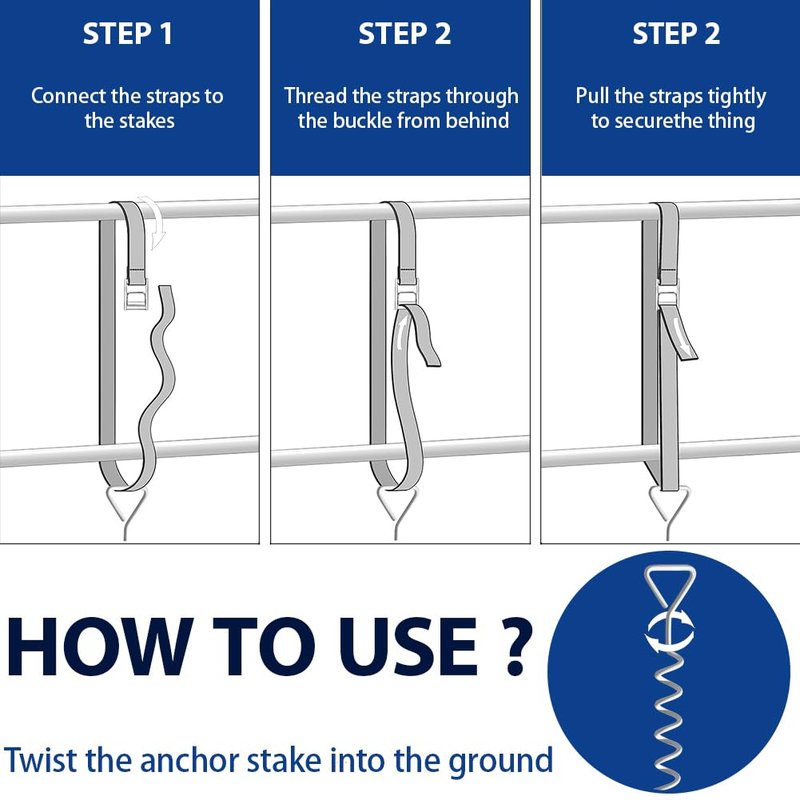 Trampoline Anchors & Stakes Kit with 6 Strong Belts, Heavy Duty Anchor Corkscrew Steel Ground Stakes for Trampolines, Garden & Outdoor Use,Black