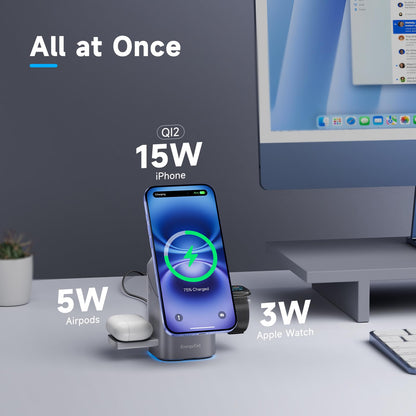 EnergyCell Rotating Wireless Charger, Qi2 Certified 2X Faster 15W for iPhone Charging Station 16/15/14/13/12, Apple Watch, AirPods, 3 in 1 Charging Station Apple Magnetic with Heat Dissipation, Grey