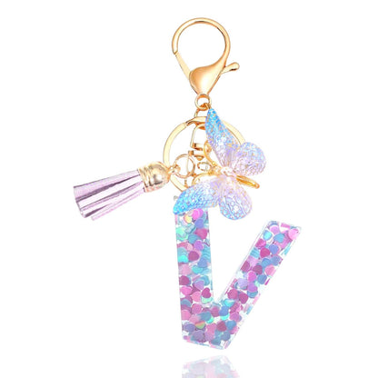 Meefisher Purple-Blue Resin Alphabet Initial Letter Bulk A-Z Keychain Tassel Butterfly Pendant Bag Charms Key Ring for Backpack Purse Wallet Handbags Car Keys Women,Cute,V