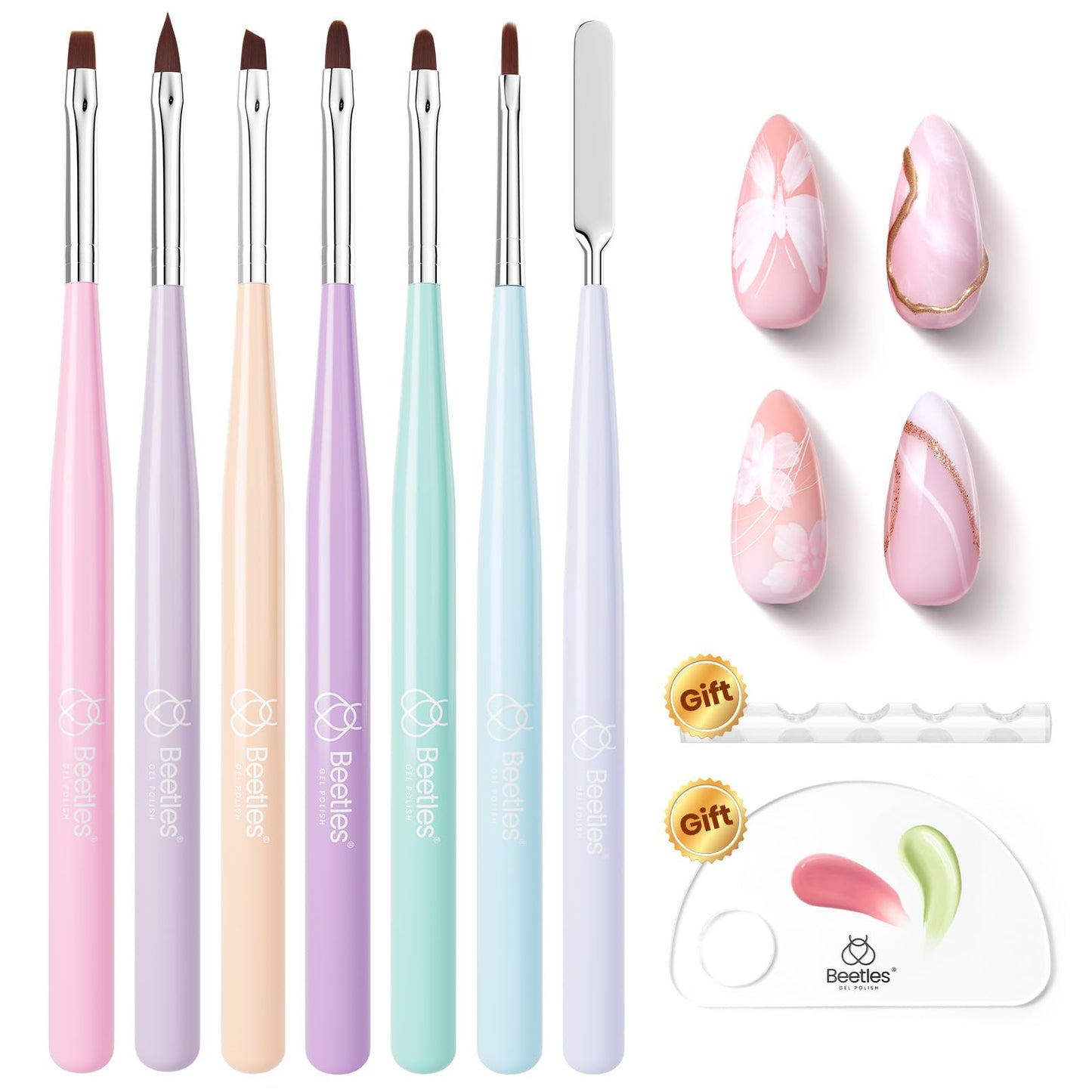 Beetles Nail Art Brushes 8pcs – Crystal Nail Art Tools 5pcs Double-headed Nails Dotting Tool, 3pcs Striping Liner Brushes for Nails with Pearls Bowknot Stickers, DIY Home Salon Manicure Design Tools