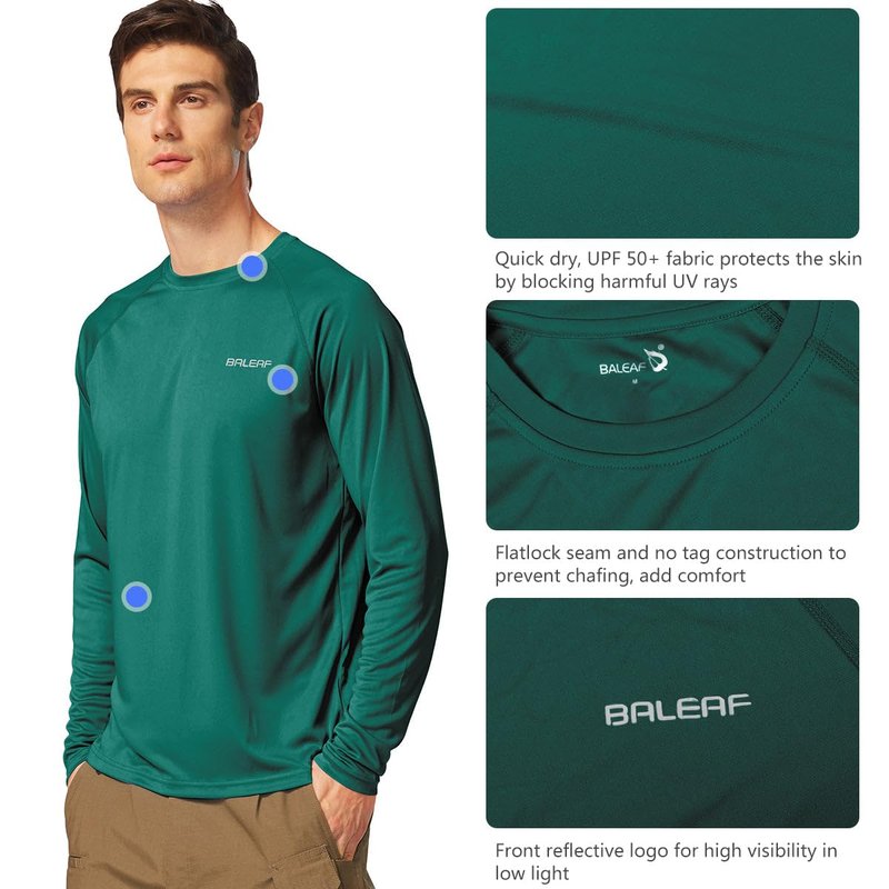 baleaf Mens UPF 50+ Sun Protection Shirts Long Sleeve Rash Guard, Quick Dry 4-Way Stretch for Fishing Swimming Surfing 01-Emerald L