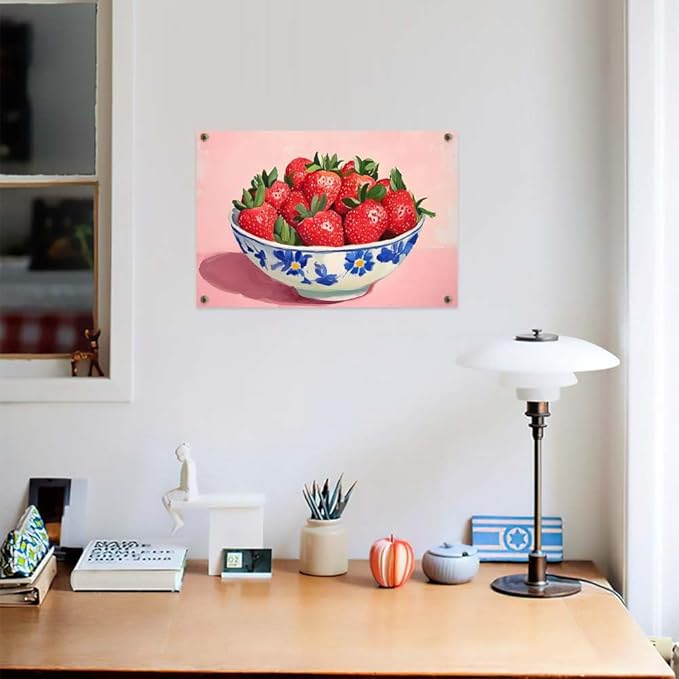 Yesad Strawberry Wall Art Print, Pink Kitchen Wall Décor Fruits Prints Canvas Wall Art Vintage Painting Pictures Modern Wall Décor for Living Room Dining Room Bedroom (Unframed,36”x24”, Strawberry)