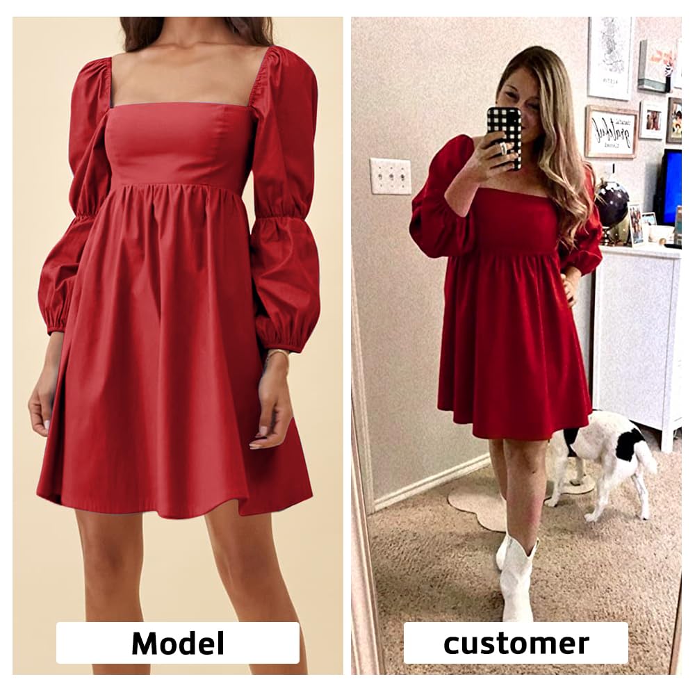 EXLURA Womens 2024 Casual Long Puff Sleeve Dress A-Line Square Neck Short Mini Dress Red