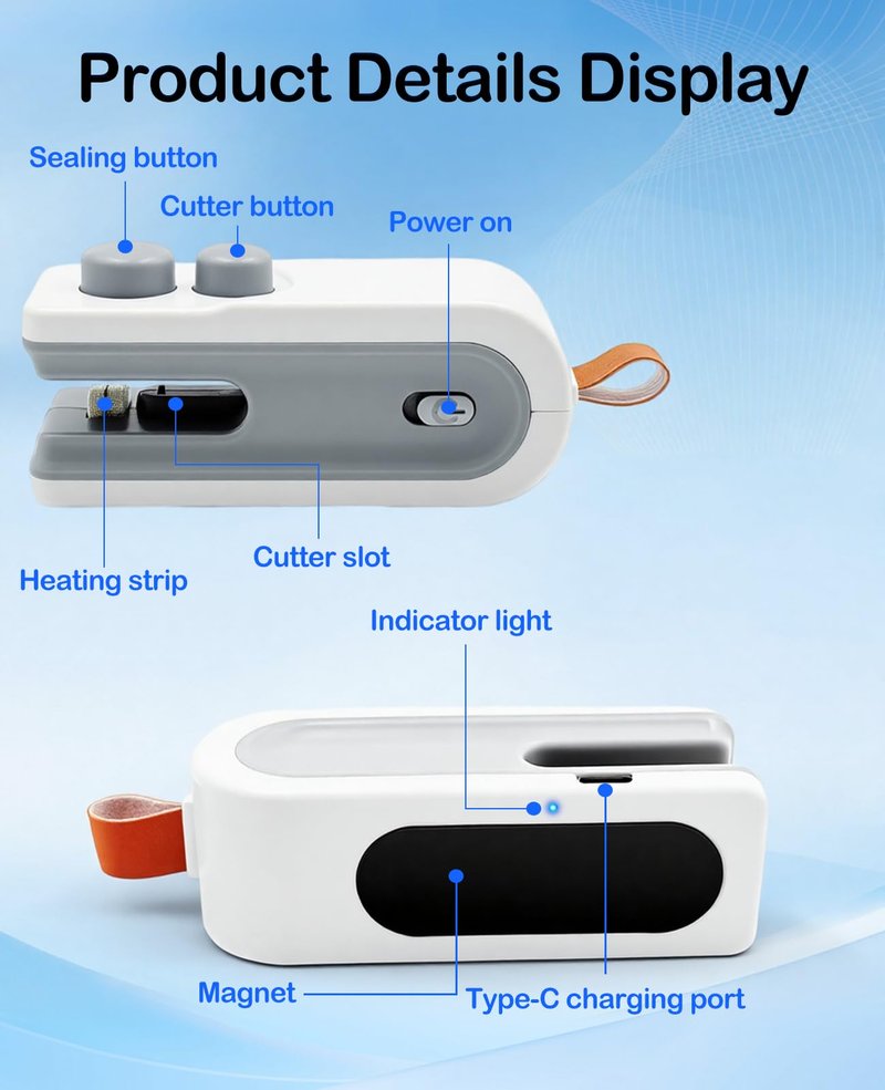 3-in-1 Mini Bag Sealer with Cutter and Magnet,Rechargeable Handheld Bag Sealer,Portable Heat Sealer for Heavy-Duty Plastic Snack & Chip Bags, Food Saver, Kitchen Storage