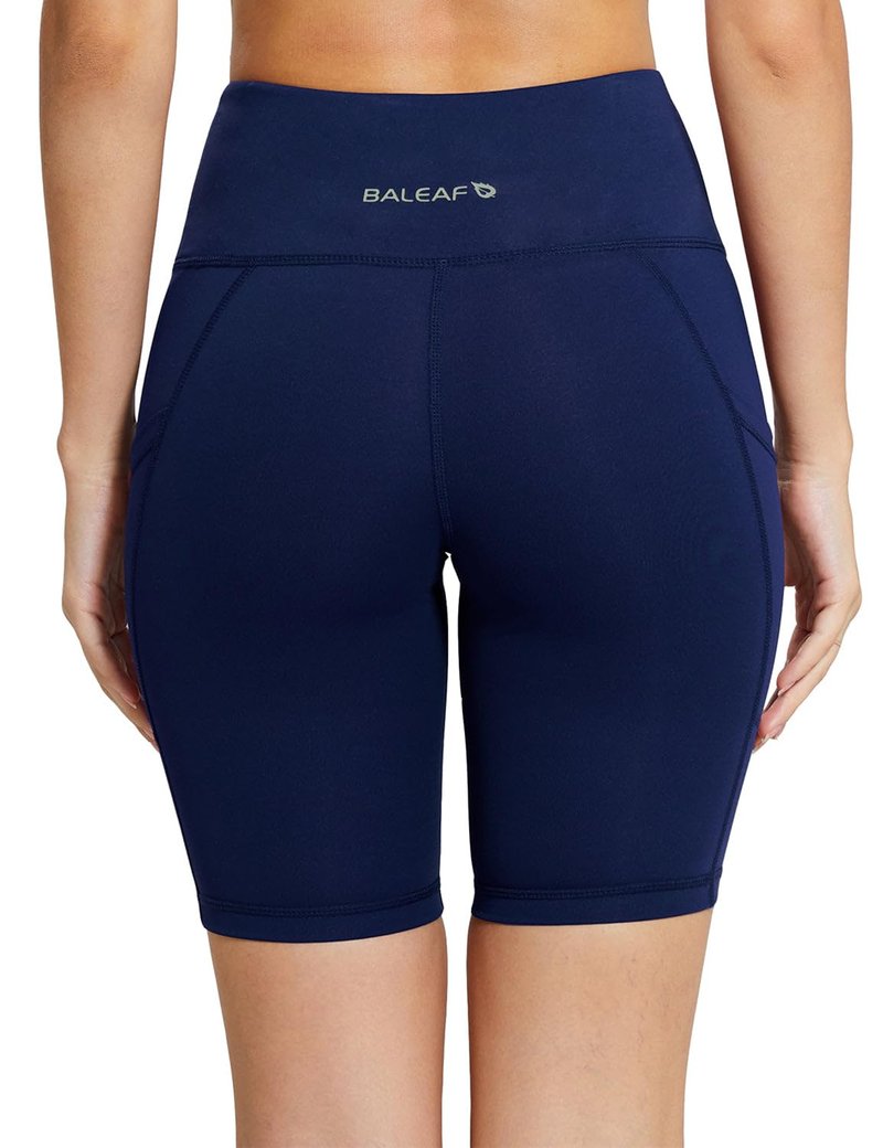 baleaf Women's High Waist Biker Shorts Tummy Control Spandex Shorts with 3 Pockets for Yoga Running Workout Compression 8" Navy Blue L