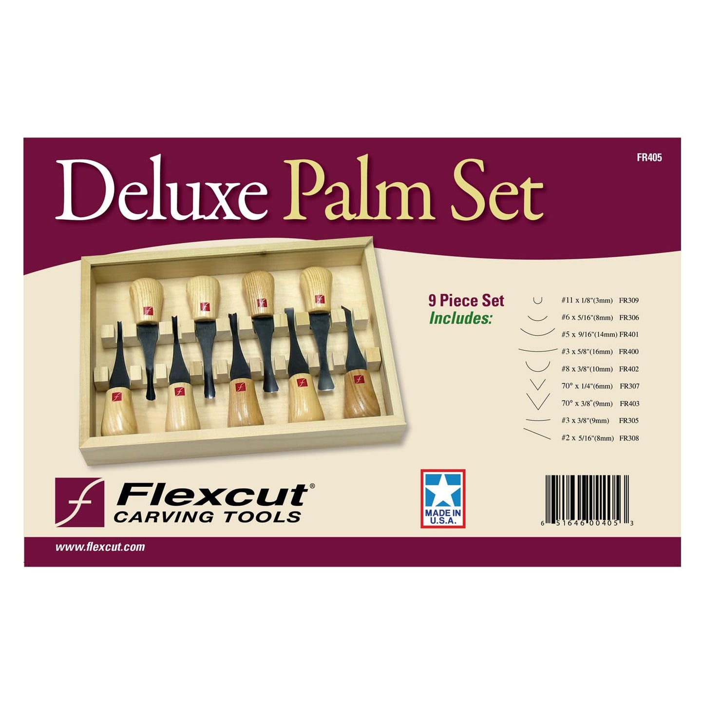 Flexcut Carving Tools Deluxe Palm Gouge Set FR405, Wood Crving Kit, Razor-Sharp 1095 High Carbon Steel Blade, Made in the USA