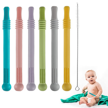 Fu Store Hollow Teether Tube Chew Straw Sensory Toy for Infant Toddlers Silicone Tubes Teething Toys for Babies 3-12 Months 0-36 Months Gifts Learning Developmental Toys BPA Free Freezable 6 Pack