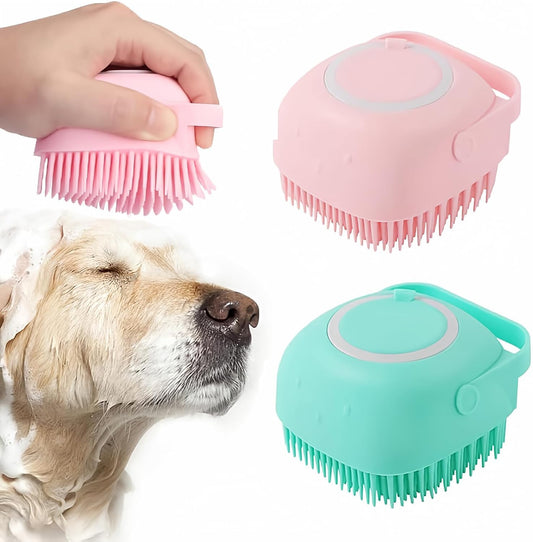 Bath Brush Scrubber Soft Silicone Pet Shower Grooming Shampoo Massage Dispenser For Short Long Haired Dogs And Cats (Blue+Pink)