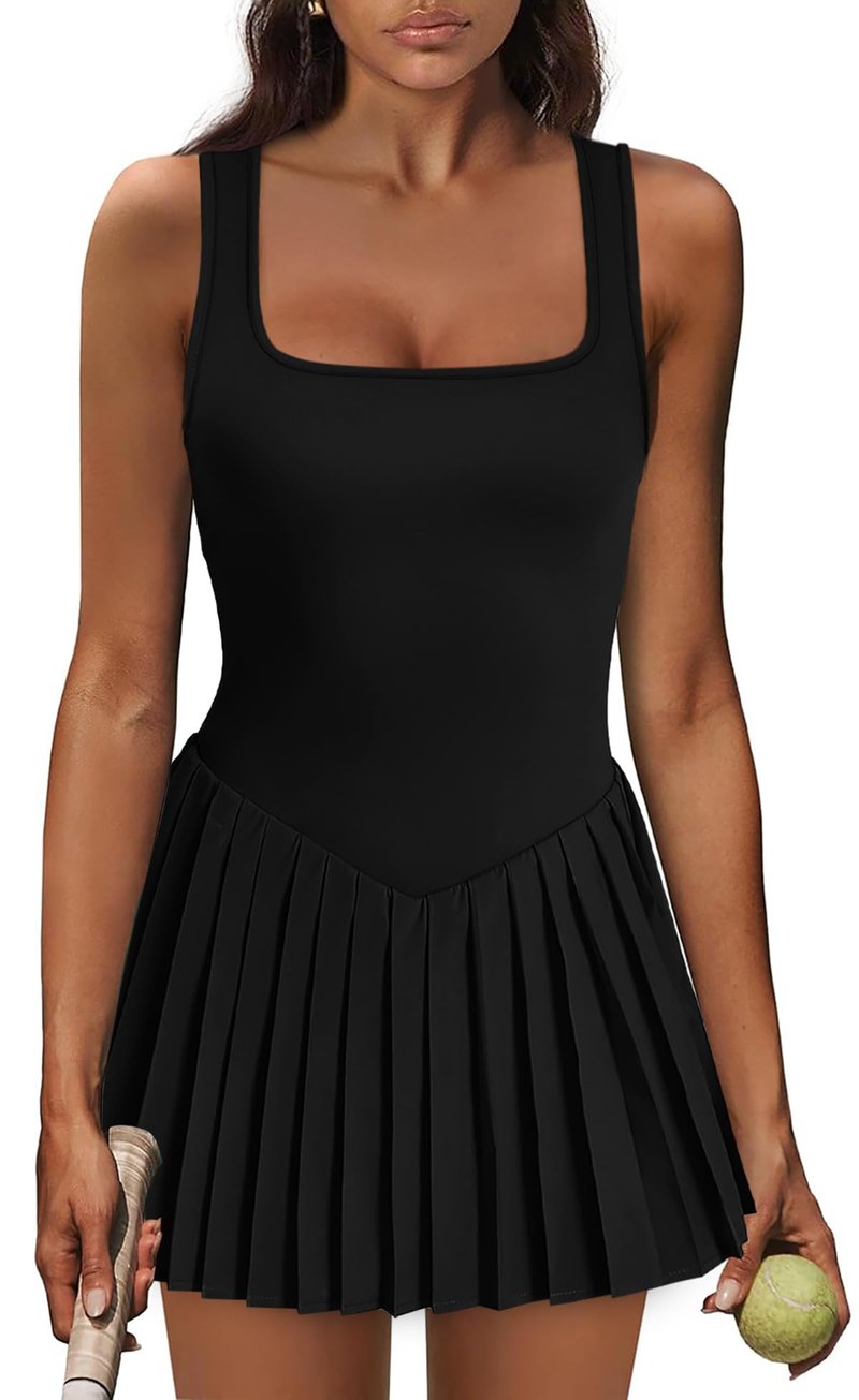 NIASHOT Summer Black Dresses for Women 2026 Athletic Dress with Shorts Sundresses Spring Tennis Dress Mini Graduation Pleated Rompers Pilates Outfits Fitness Fashion Clothing M