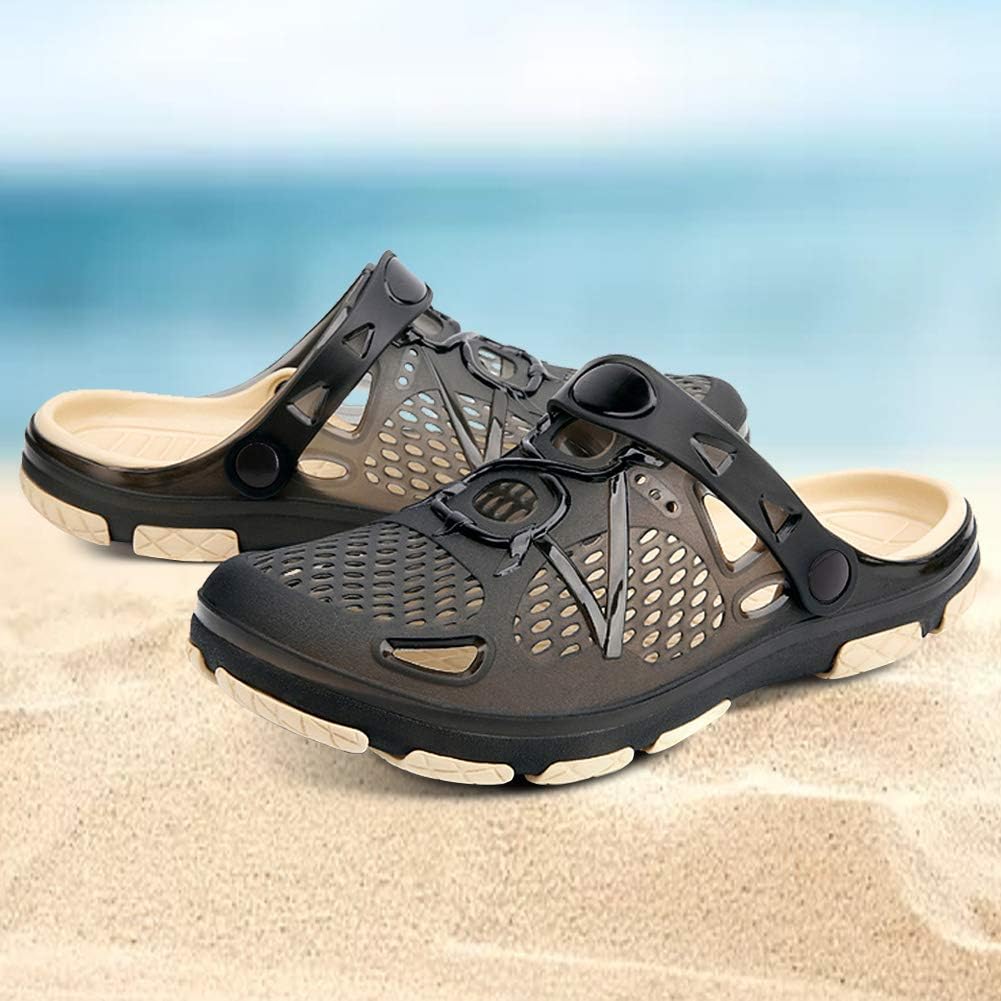 beister Mens Clogs Non Slip Water Shoes with Adjustable Strap, Lightweight Slip on Mules Garden Kitchen Outdoor Beach Yard Pool Shower Summer Sandals Slippers Black Beige