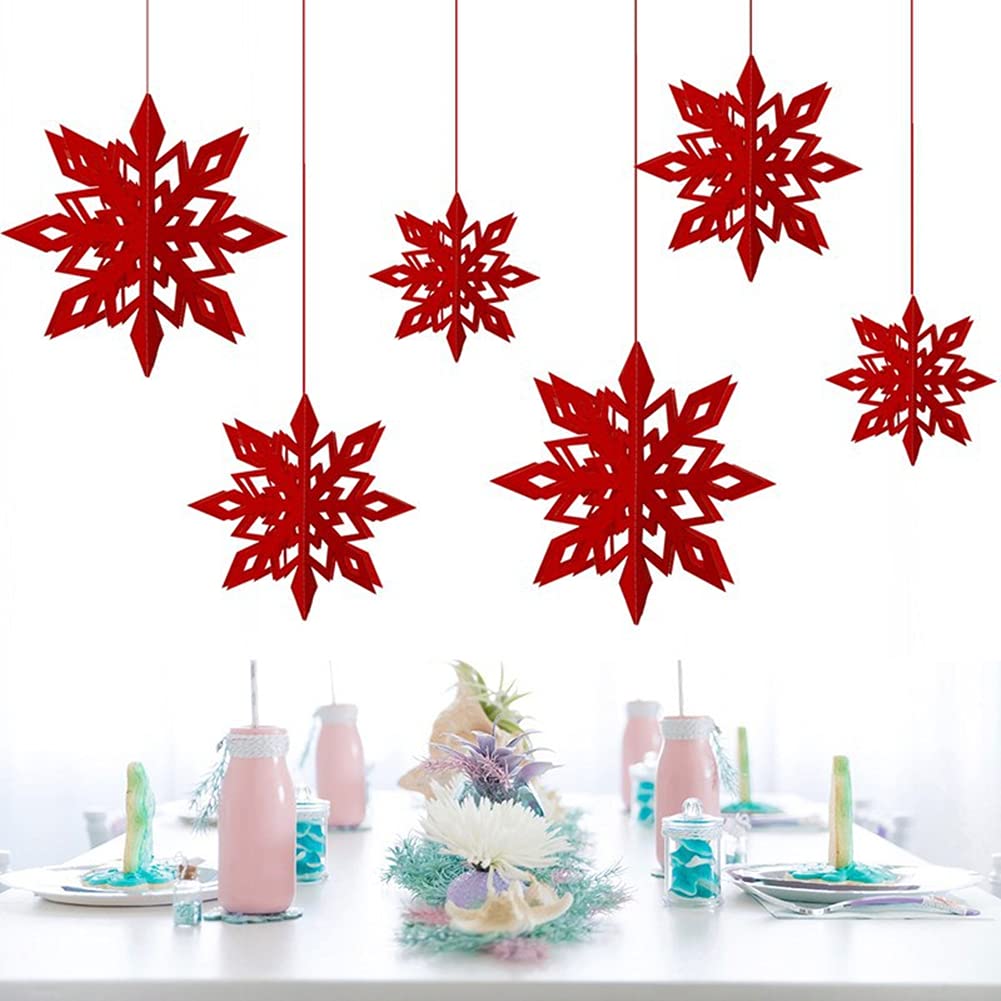 Christmas Hanging Snowflake Decorations 3D Hollow-Carved Glittery Ornaments Set of 6pcs with Different Sizes for Christmas Winter Wonderland New Year Party Home Decor (Red)