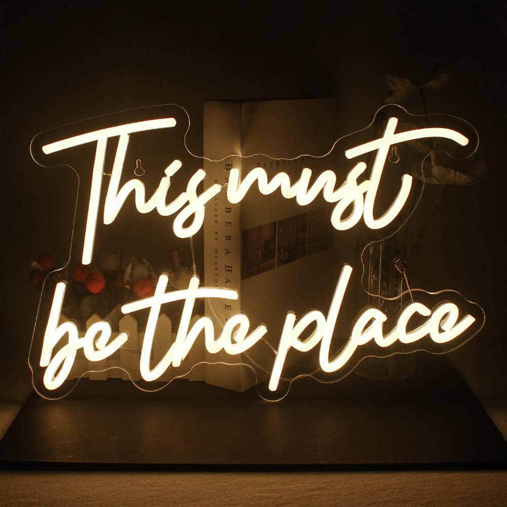 This Must Be The Place Neon Sign Warm White Letter Led Signs for Wall Decor Usb Word Light Up Signs for Bedroom Salon Man Cave Beer Home Bar Wedding Birthday Party Decor Gifts