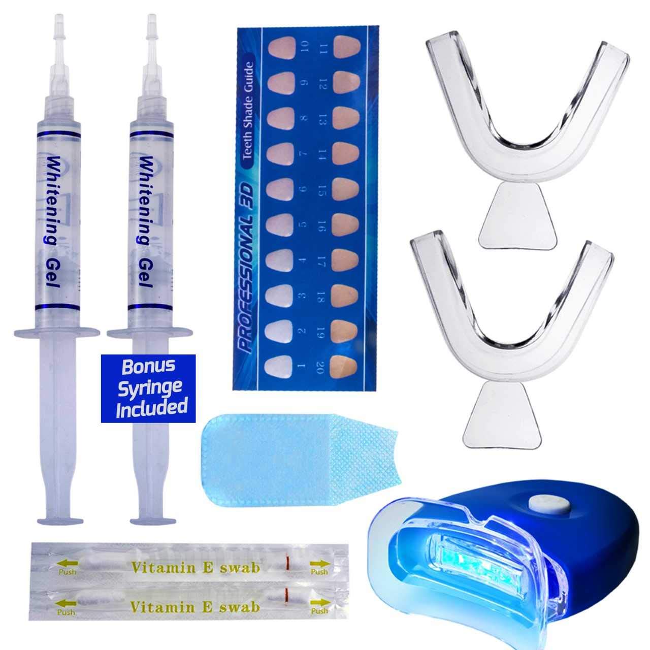DentaPro 2000 3D Teeth Whitening Kit – Deluxe Addition Includes LED Light, (2) 5ml Gel Syringes, Custom Moldable Tray (2), Vitamin E Swab (2), Shade Guide – See Results After Just One Use!