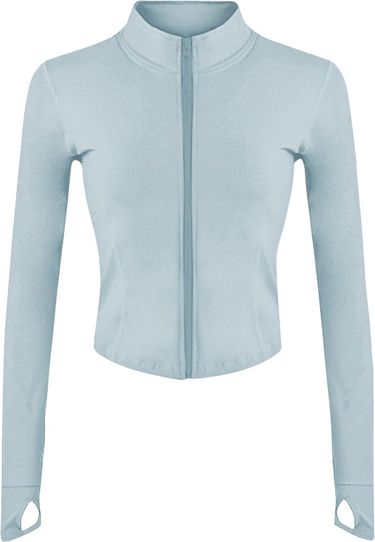 Womens Lightweight Full Zip Running Track Jacket - Slim Fit Yoga Sportswear with Thumb Holes